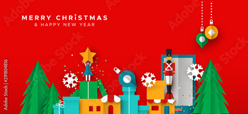 Christmas and new year card of paper toy city