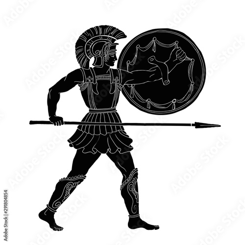 Ancient Greek warrior with a spear and shield in his hands is ready to attack. Vector illustration isolated on white background.