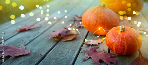 thanksgiving holiday party background, autumn pumpkin and holidays light decoration photo