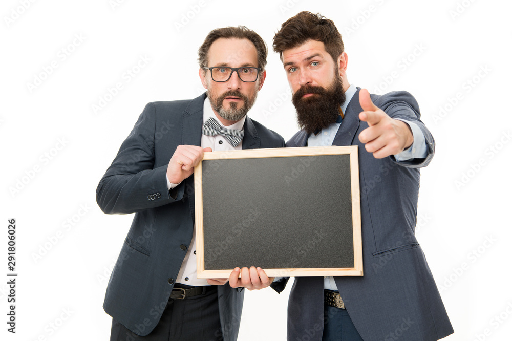 announcement. party invitation. partners celebrate start up business on white. businessmen use phone, copy space. bearded men hold advertisement blackboard. welcome on board. invitation concept announcement. party invitation. partners celebrate start up business on white. businessmen use phone, copy space. bearded men hold advertisement blackboard. welcome on board. invitation concept