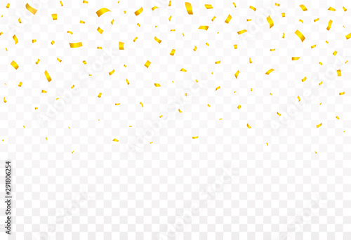 Yellow confetti on transparent background. Falling gold confetti - stock vector.