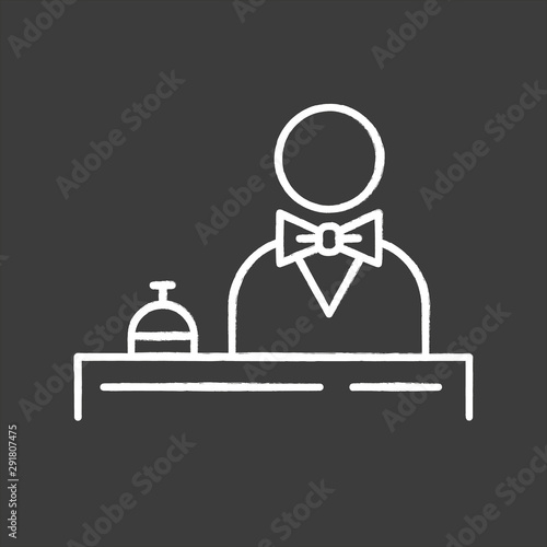 Hotel reception chalk icon. Concierge service. Manager, butler, majordomo wearing suit. Guess meeting, registration. Motel lobby receptionist. Isolated vector chalkboard illustration