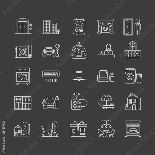 Apartment amenities chalk icons set. Household appliance and furniture, furnishing. Interior design items. Hotel services. Dry cleaning, parking facilities. Isolated vector chalkboard illustrations
