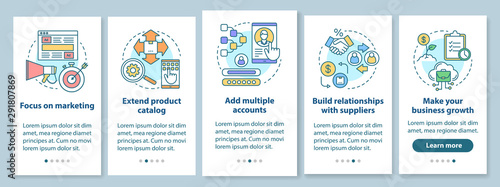 Dropshipping onboarding mobile app page screen with linear concepts. Focus on marketing, build business relationships walkthrough steps graphic instructions. UX, UI, GUI vector template with icons