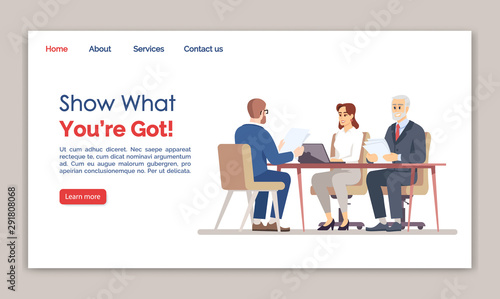 Show what you are got landing page vector template. Employment service website interface idea with flat illustrations. Recruitment homepage layout. Negotiation web banner, webpage cartoon concept