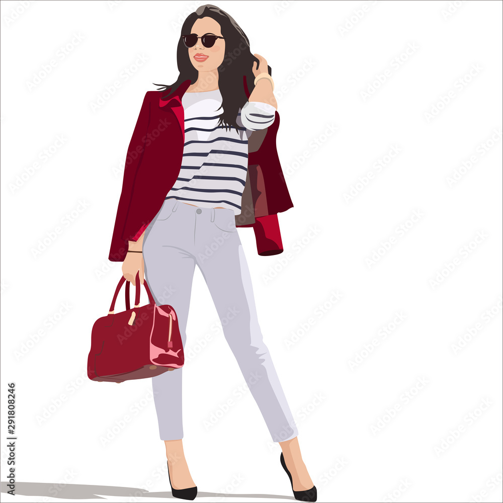 Bright vector illustration of a young girl model in trousers for magazines, banners, fashion show, fashion clothes Bright vector illustration of a young girl model in trousers for magazines, banners, fashion show, fashion clothes