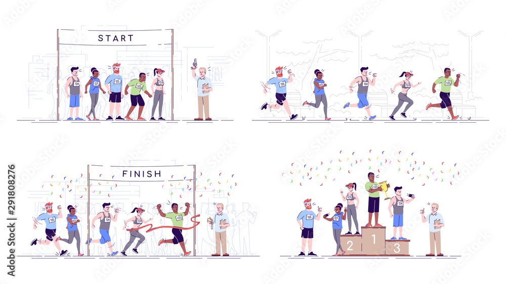 Marathon flat vector illustrations set. Competition stages. Endurance contest. City running championship. Start, running track, finish and rewarding. Sports participants isolated cartoon characters
