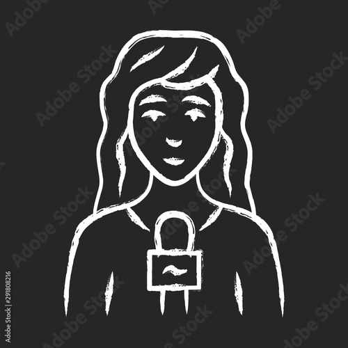 Reporter woman chalk icon. TV presenter, interviewer with microphone. TV hostess. Female journalist taking interview. Newswoman reporting breaking news. Isolated vector chalkboard illustration