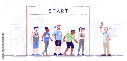 Marathon start flat vector illustration. City footrace. Runners ready for endurance contest. Joggers waiting for shot from starting pistol isolated cartoon character on white background