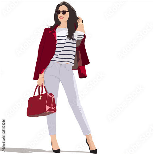 Bright vector illustration of a young girl model in trousers for magazines, banners, fashion show, fashion clothes