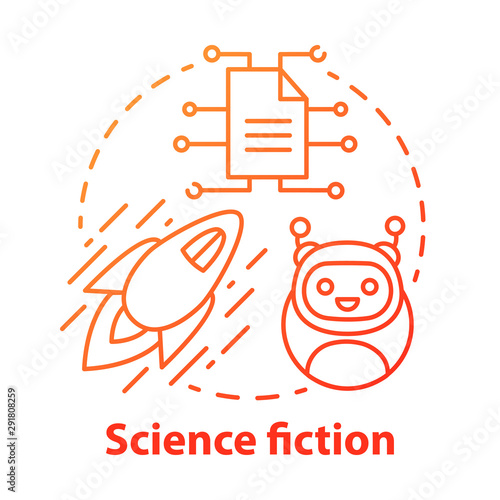 Science fiction red concept icon. Cosmic travelling and future technologies, sci fi innovations idea thin line illustration. Space exploration stories. Vector isolated outline drawing