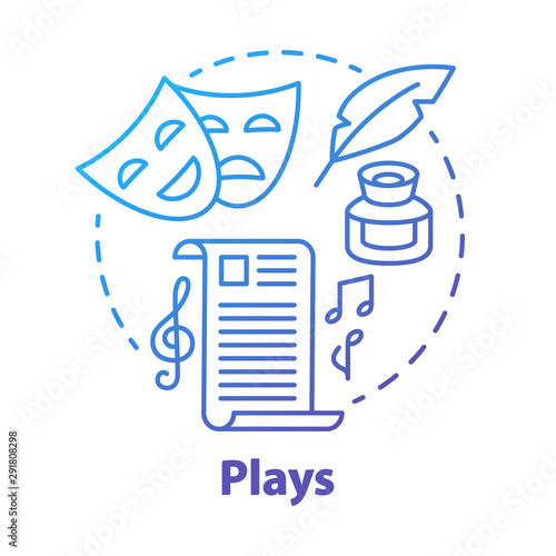 Plays blue concept icon. Drama theatre & screenplay idea thin line illustration. Theatrical script & musical accompaniment. Dramatist, scenario. Classic literature. Vector isolated outline drawing photo