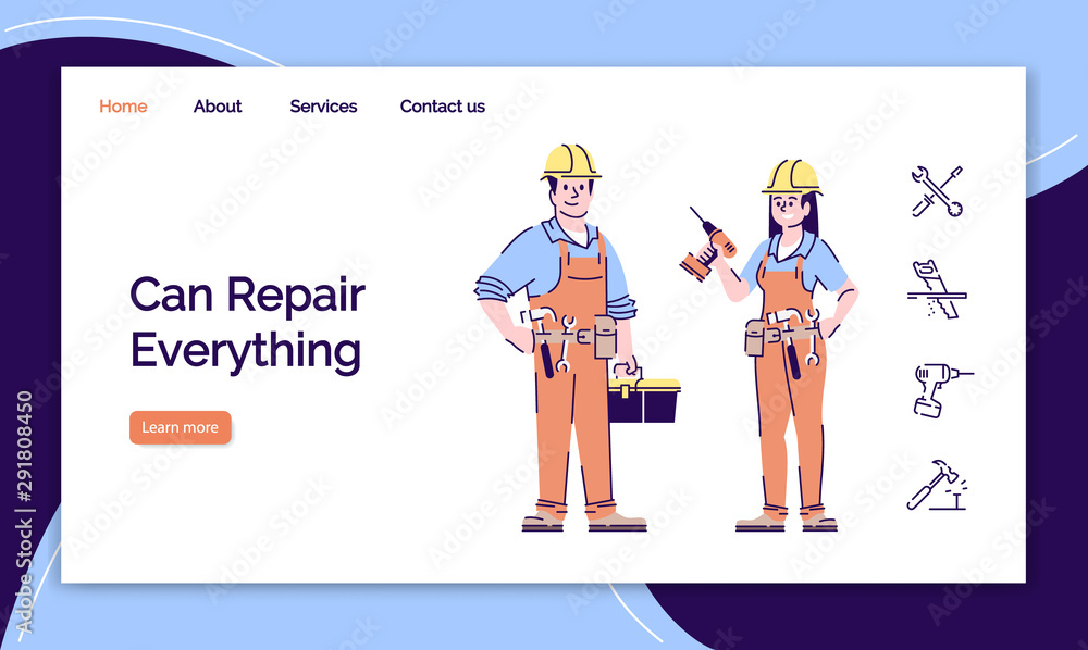 Home repair and renovation service landing page vector template. House maintenance website interface idea with flat illustrations. Homepage layout. Construction workers web banner, webpage concept