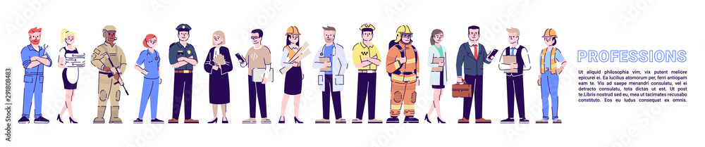 Professions flat banner vector template. Staff, personnel isolated cartoon characters on white with article. Professional workers, labor. Horizontal poster print design layout with place for text Professions flat banner vector template. Staff, personnel isolated cartoon characters on white with article. Professional workers, labor. Horizontal poster print design layout with place for text