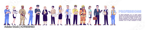Professions flat banner vector template. Staff, personnel isolated cartoon characters on white with article. Professional workers, labor. Horizontal poster print design layout with place for text