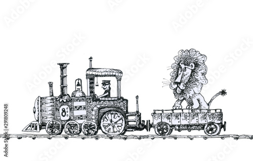 An old steam locomotive carries a lion. Cartoon illustration.