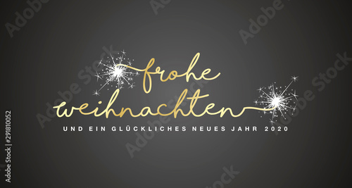 Merry Christmas and Happy New Year 2020 German language handwritten text tipography firework gold white black background