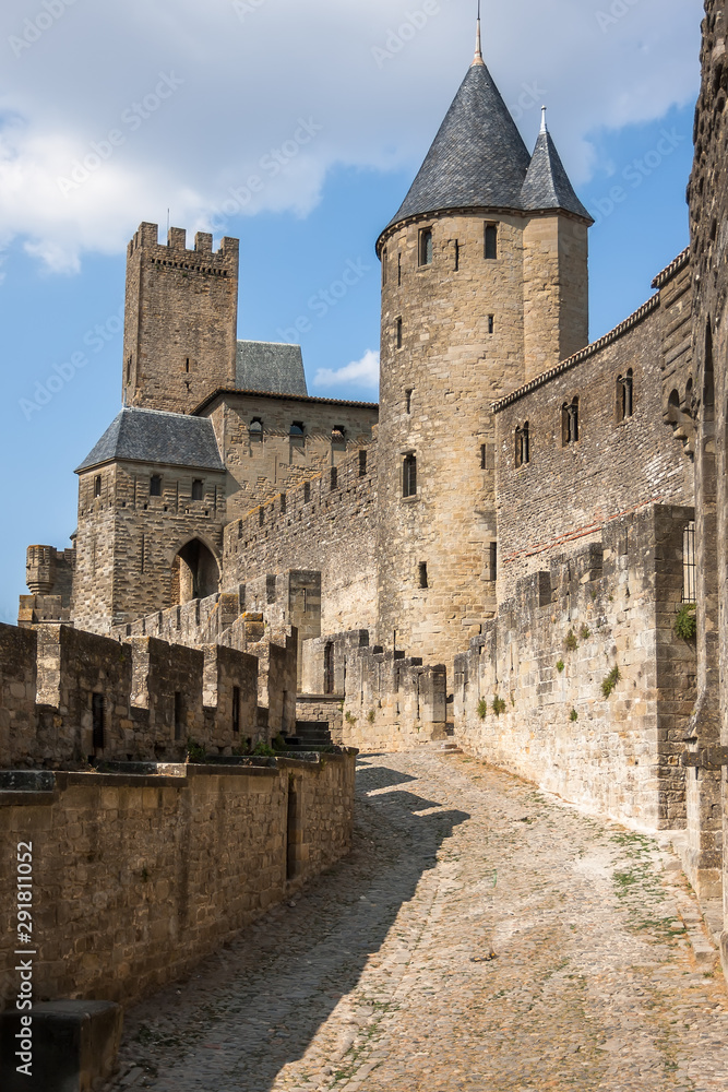 Walls of castle Carcassone , Southern France.