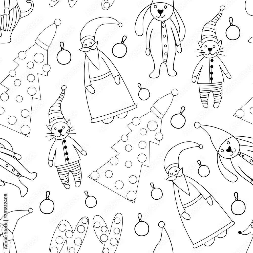 Obraz premium Hand drawn Merry Christmas doodle set with tree, toy animals, pets, star elements. Winter and holiday themes object. Vector illustration.