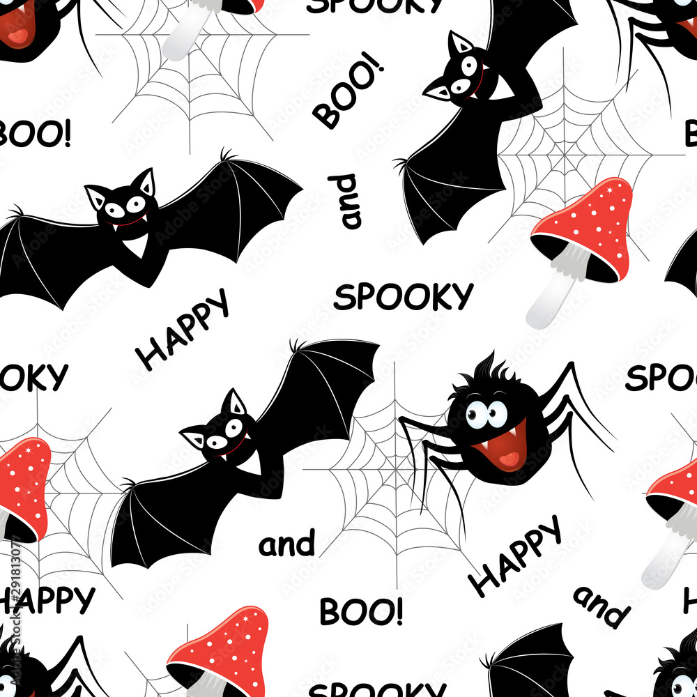 Naklejka Vector seamless pattern with different funny objects mushroom, bat, cat, spider, and web. Good for halloween packing, prints and textile production