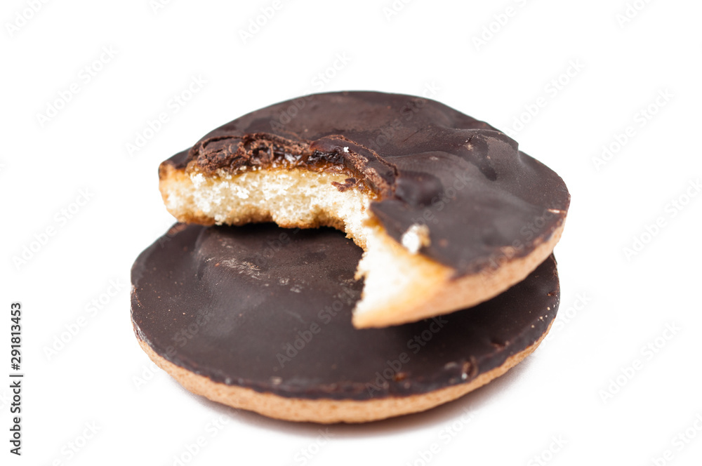 Chocolate cookies isolated on white background.Copy space Chocolate cookies isolated on white background.Copy space