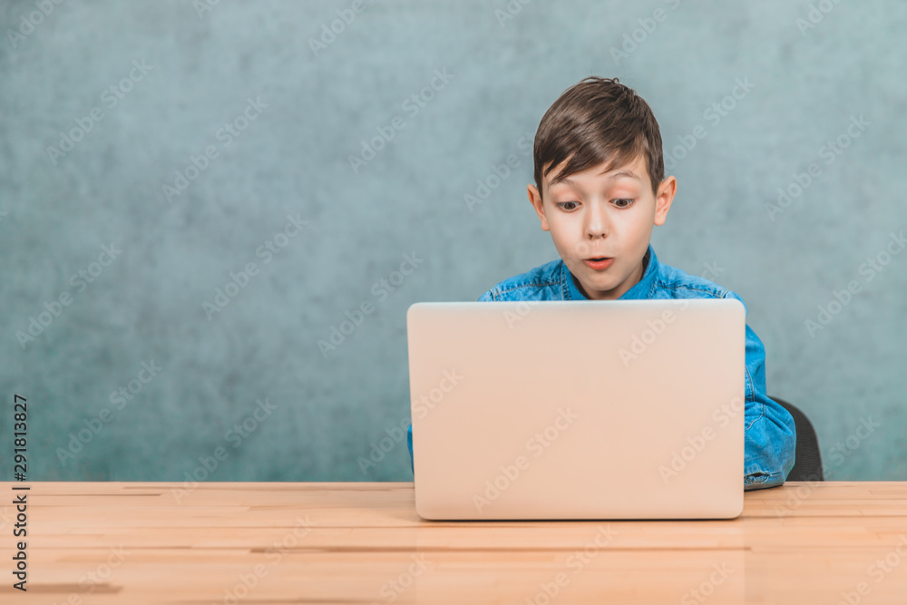 Cute little schoolboy sitting at the desk, surprised by something he has seen in his laptop. Cute little schoolboy sitting at the desk, surprised by something he has seen in his laptop.