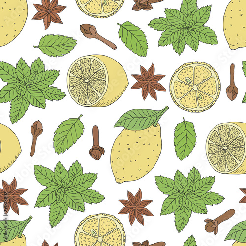 Tea collection. Vector hand drawn seamless pattern with different ingredients for a nice tea drinking. Herbs, spices and lemons