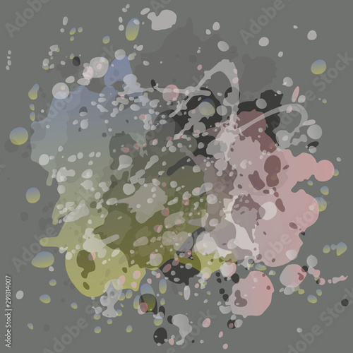 Drops of paint on a gray background, vector illustration EPS 10 imitating watercolor, abstract background for text, eye-catching multicolor spot, can be used for flyers, advertising, design element. 
