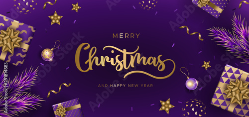 Christmas background with gifts, pine branches and festive balls. Unique design for banner, poster or invitation