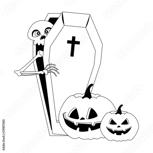 halloween pumpkins with skeleton in coffin