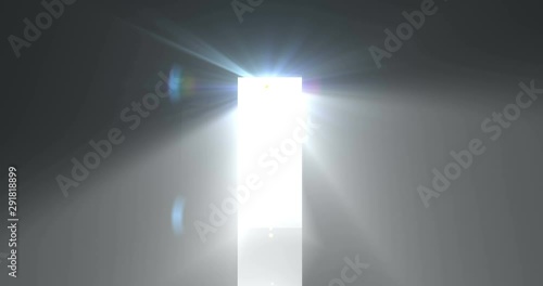 Door opening in dark room realistic animation. Complete darkness changing to blinding limelight beams. Darkness to light transition . Sun rays in doorway. Hope and inspiration metaphor