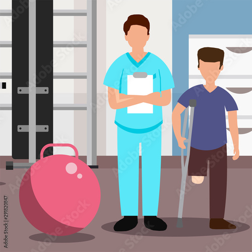 Doctor and Patient without One Leg in Rehab Center