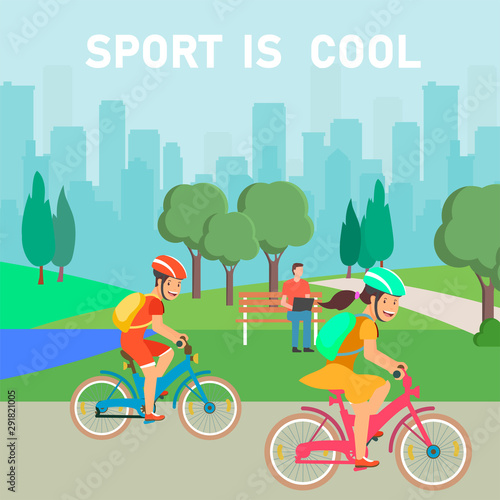 Girl and Boy Sport Lover Cycling in City Park