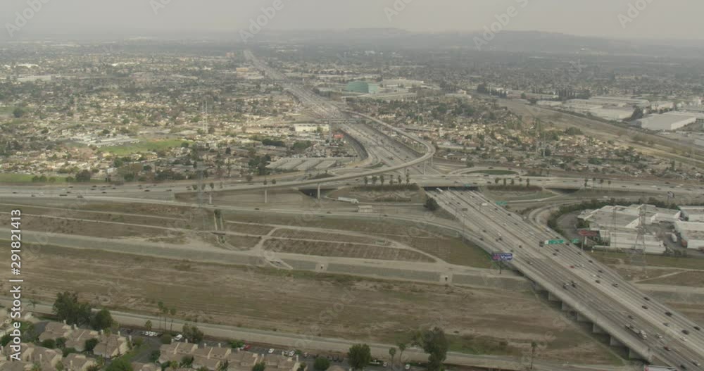 Aerial shot, day, view of southern california highway interchange, drone Aerial shot, day, view of southern california highway interchange, drone