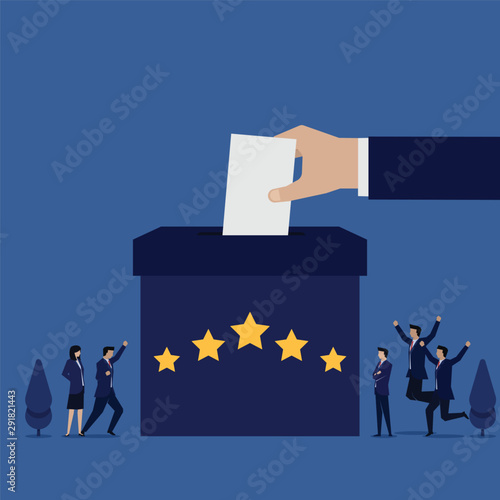 Business flat vector concept team happy for review on box with five stars metaphor of customer rating.