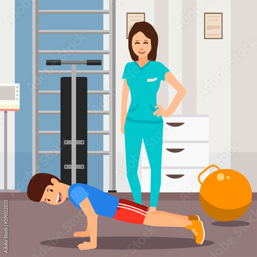 Doctor and Happy Exercising Boy Cartoon Characters