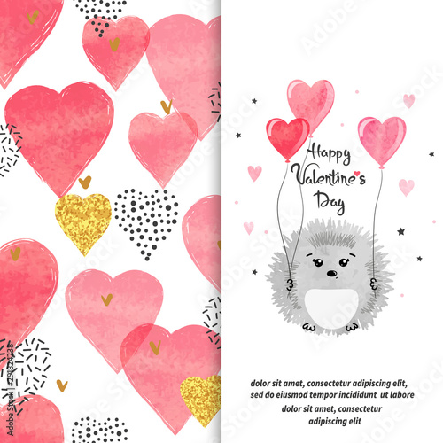 Valentines day card design with cute watercolor hedgehog in love with heart balloons.