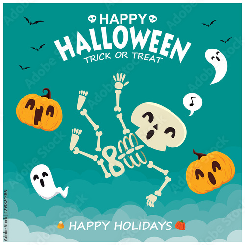 Vintage Halloween poster design with vector skeleton, ghost, pumpkin character. 