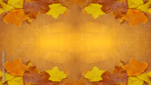 Panorama von viele bunte herbstliche Blätter – Hintergrund braunes altes Holz