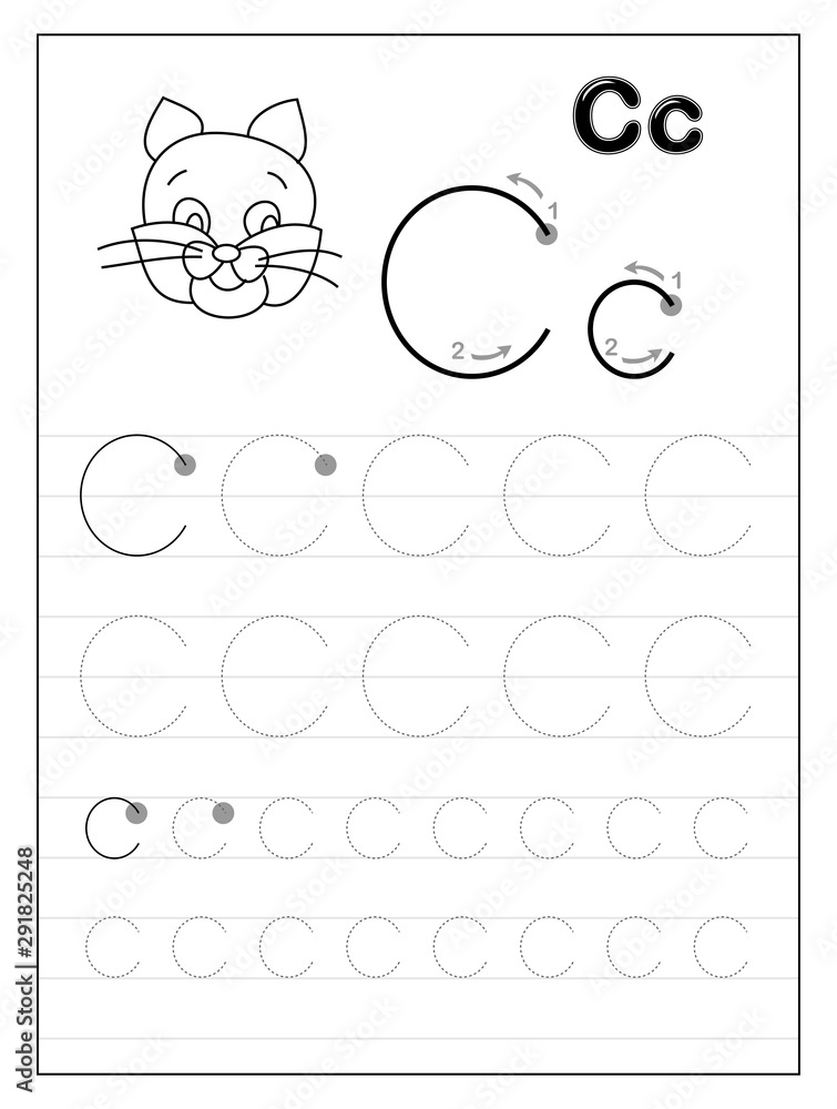 tracing alphabet letter c black and white educational pages on line for kids printable worksheet for children textbook developing skills of writing vector for baby book back to school stock vector