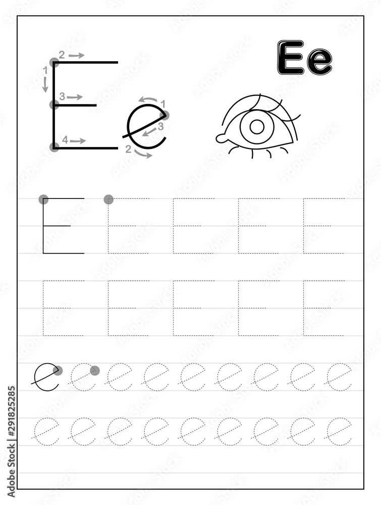 Tracing alphabet letter E. Black and white educational pages on line ...