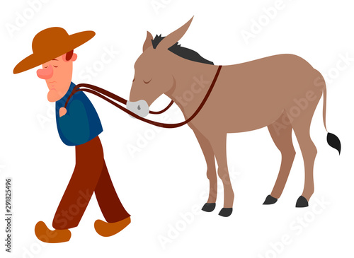 Man with donkey, illustration, vector on white background.