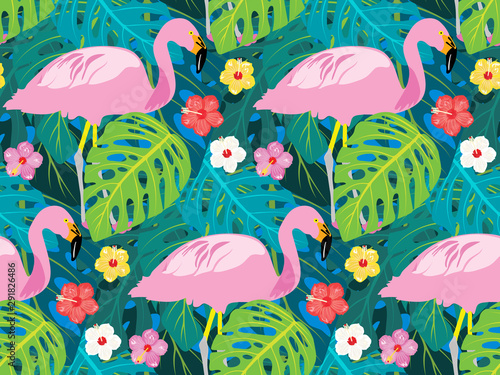 Monstera leaves, flamingo, colorful hibiscus flowers. Pattern for textile/fabric/garments/beachwear/flip flops etc