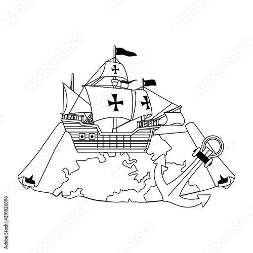 antique caravel ship with paper map and anchor navigation