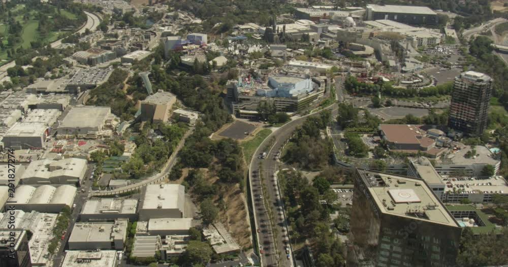 Aerial shot, day, top down view of burbank business section and studio lots, drone Aerial shot, day, top down view of burbank business section and studio lots, drone