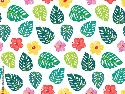 Colorful cute hibiscus flowers with monstera leaves, pattern for fabric/textile print
