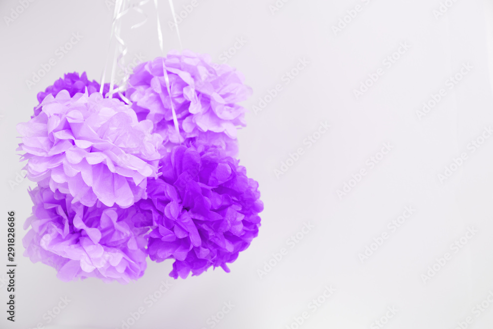 Paper flowers at the girl baby shower party. Holiday, celebration concept. Festive party background. Horizontal Paper flowers at the girl baby shower party. Holiday, celebration concept. Festive party background. Horizontal