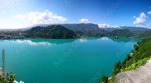 Panoramic aerial view of Bled Lake, Julian Alps, Slovenia. The lake is of mixed glacial and tectonic origin. It is 2,1 km long and 1,4 km wide, with a maximum depth of 29,5m, and it has a small island