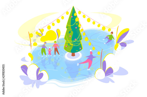 Ice skating people on Ice rink with Christmas tree. Snowy winter holidays concept. Seasonal Flat template on white background. Christmas holiday card. Isolated vector illustration.