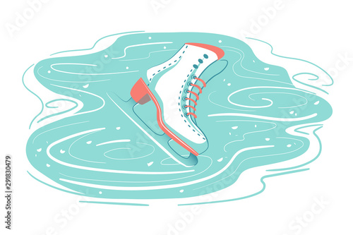 Retro Ice skate on scratched rink. Frozen Snow background with marks from skating. Winter season sport activity, Figure skating, holiday symbol card. Isolated vector illustration on white back.